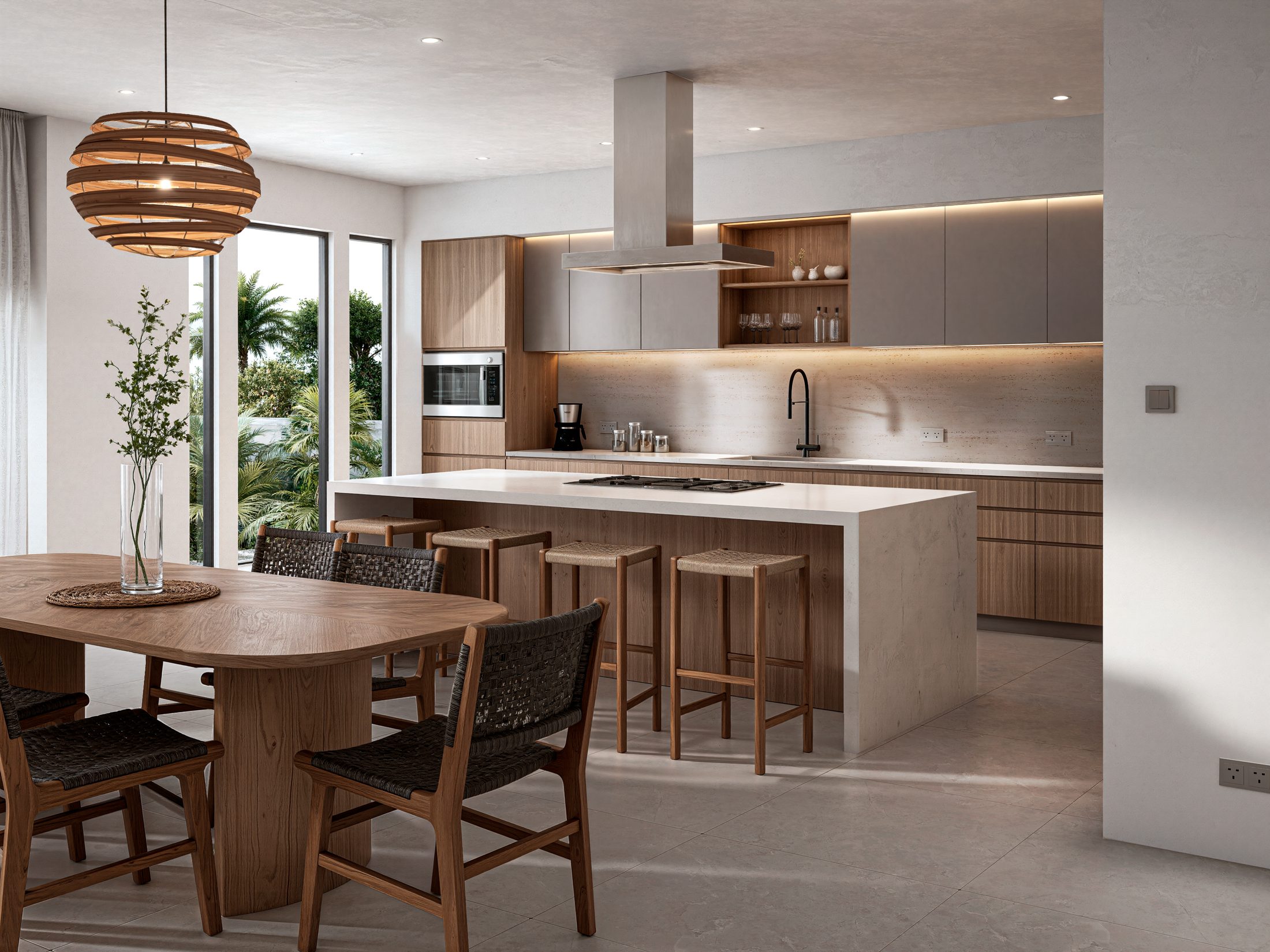 Kitchen and dining under a woven pendant