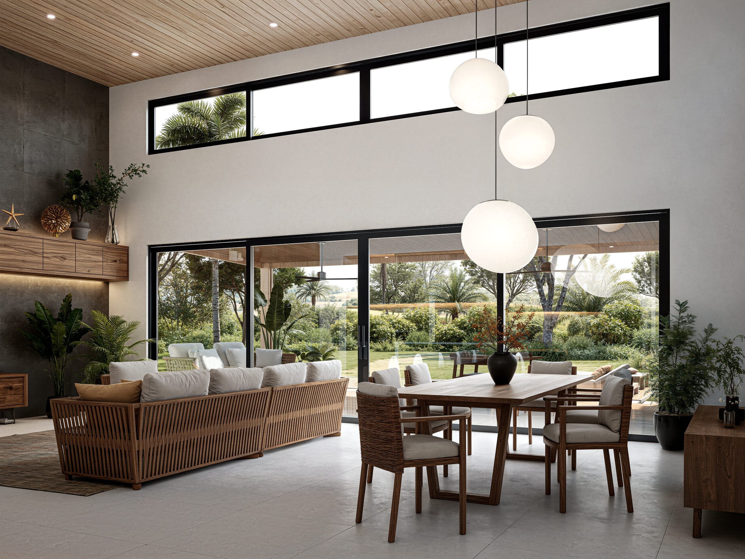 Double-height living room open to the garden